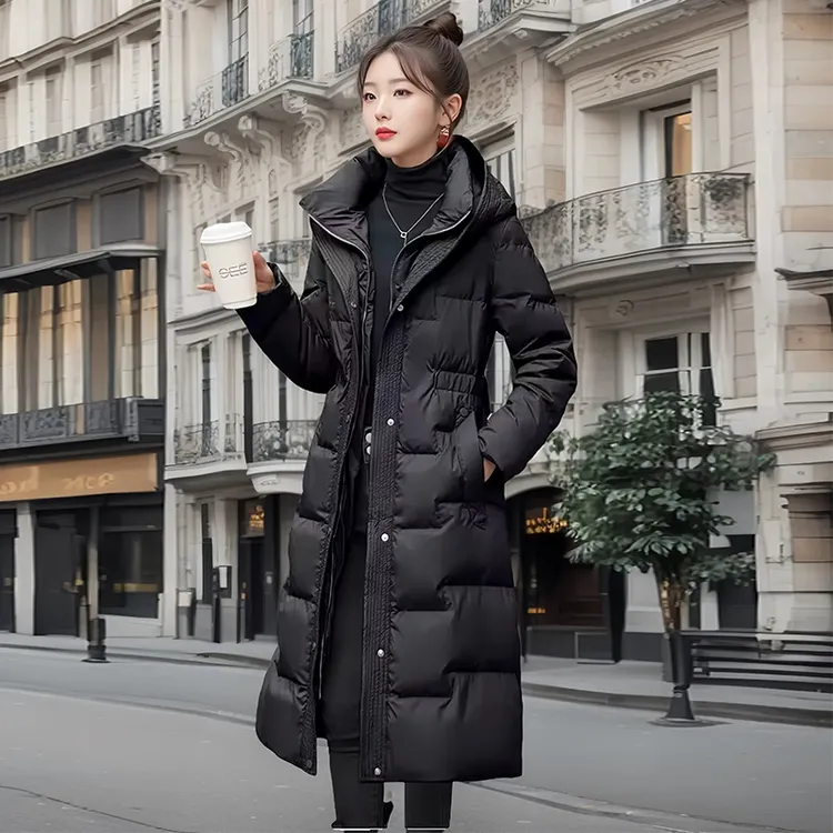 时尚羽绒服女中长款冬季洋气显瘦加厚保暖过膝连帽长款白鸭绒外套