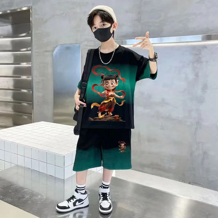 男童短袖t恤2025新款炸街痞帅儿童夏装男孩扎染童装大童夏季套装