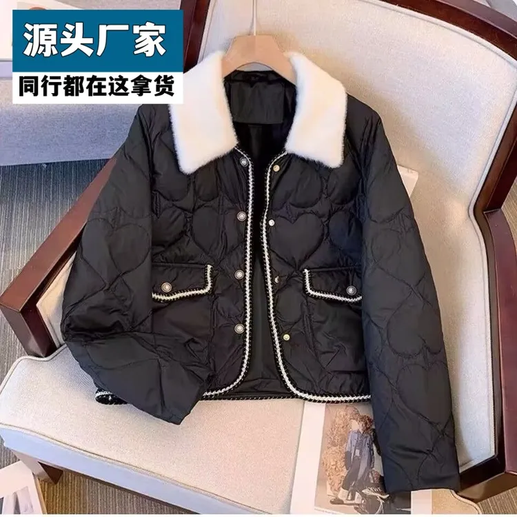 梵乐芬短款黑色小香风羽丝棉服女冬季2025新款轻薄设计时尚气质漂