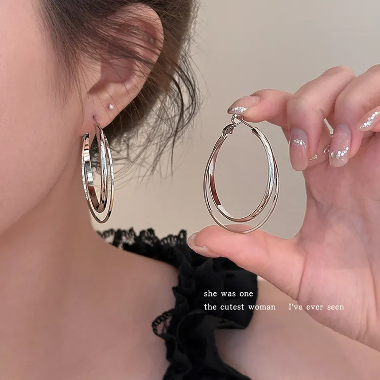 合金耳饰 冷淡风金属双层大耳环圈圈女素圈耳饰品耳钉耳圈