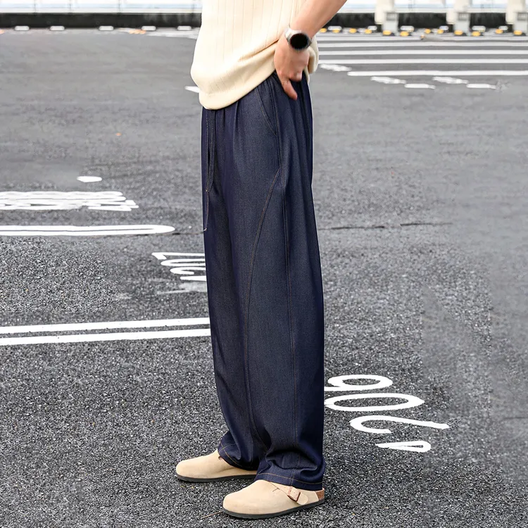 刀锋剪裁软牛仔裤男款中腰垂坠感松紧宽松阔腿冰丝直筒休闲裤子男