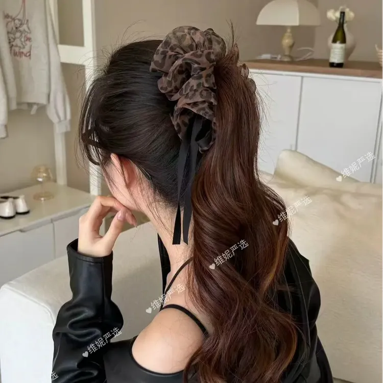 韩式甜美豹纹多层网纱发夹2025新款气质法式高马尾香蕉夹发饰女