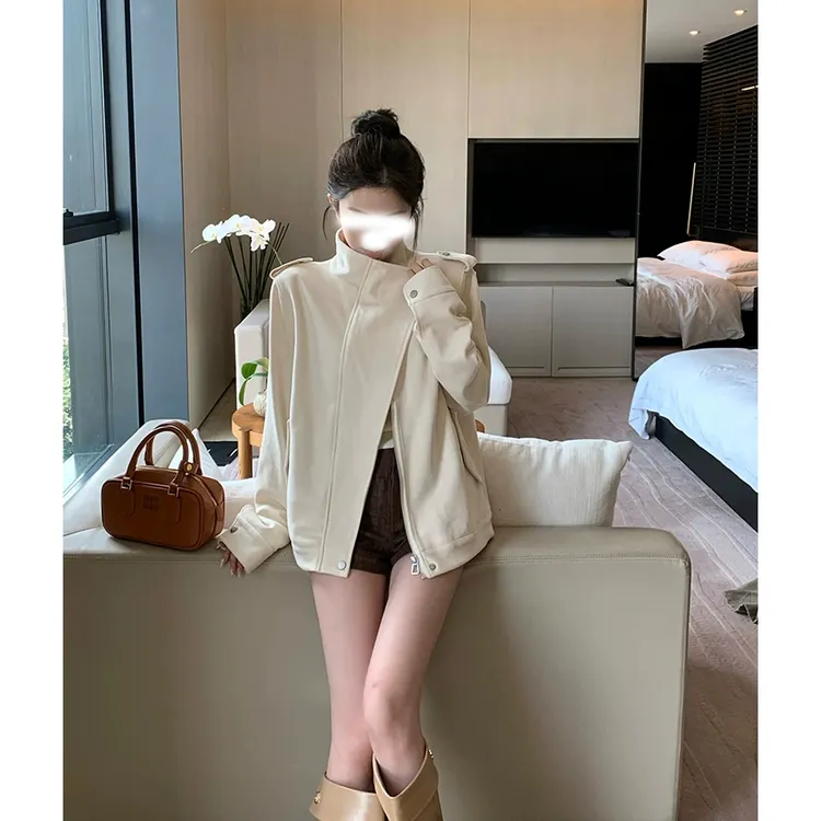春装新款外套米白色设计感不对称机车风宽松夹克上衣女