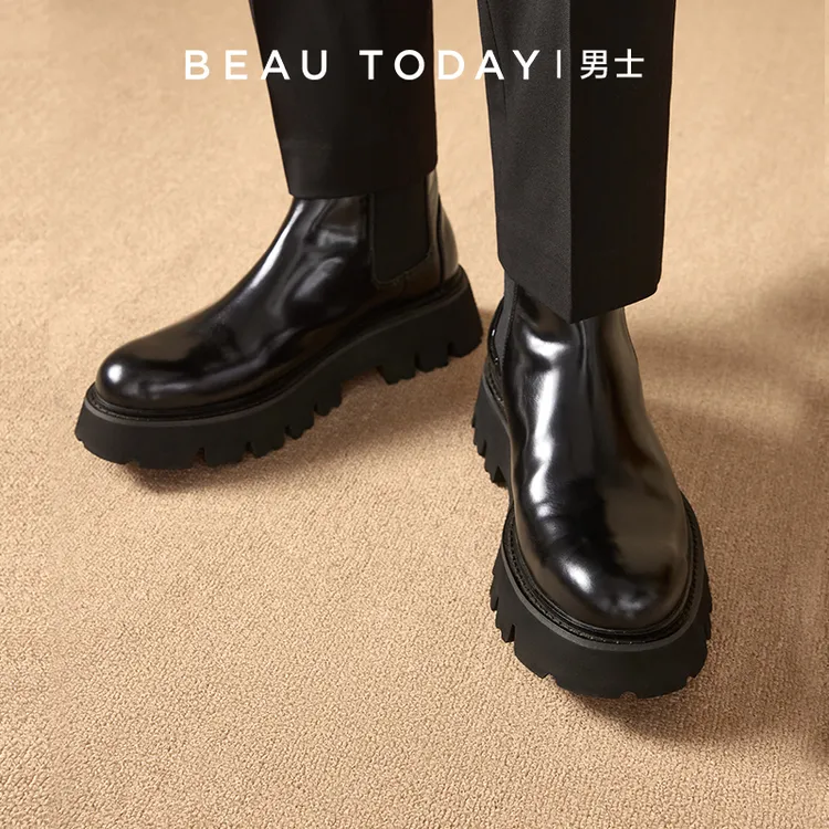 BeauToday【开边珠短靴】亮面切尔西靴男士高端中筒靴增高潮流休闲