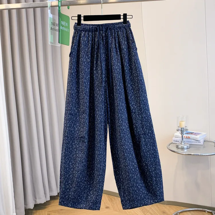 休闲百搭慵懒显瘦文艺复古宽松碎花松紧高腰系带阔腿哈伦裤女夏季