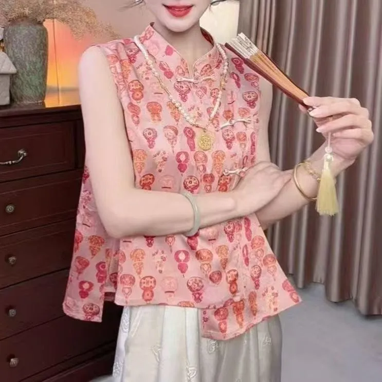 J004气质新中式立领盘扣无袖印花上衣女衬衫2025夏季新款