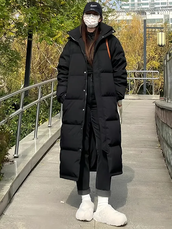 中戏艺考羽绒服女长款过膝加长加厚情侣款黑色连帽宽松艺考