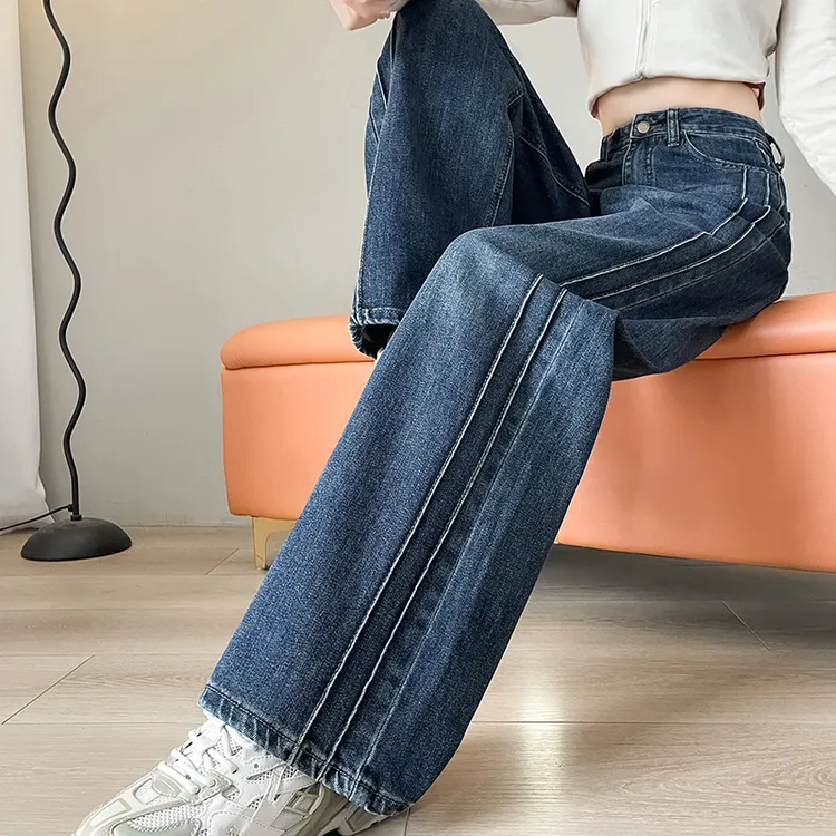 复古窄版直筒牛仔裤女孩春秋2025新款高腰显瘦显高垂感宽松阔腿裤