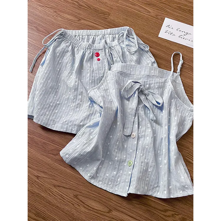 【彩色纽扣】韩系甜美爱心条纹睡衣女夏季新款吊带短裤家居服两件套