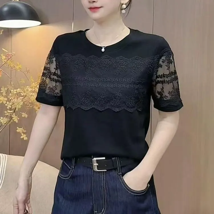 夏季短袖上衣时尚百搭新品宽松显瘦拼接蕾丝圆领纯色短袖减龄