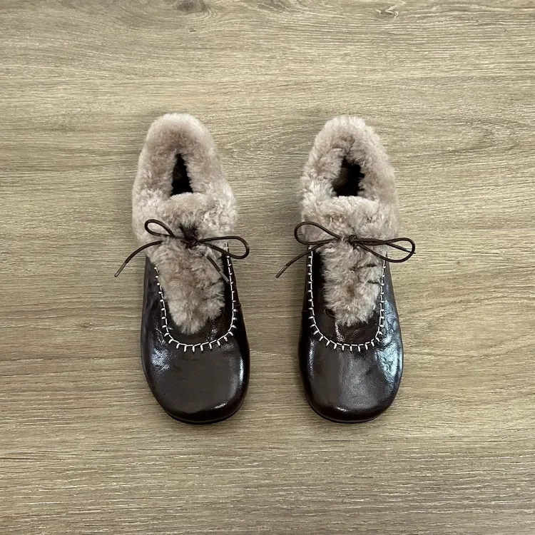 Dannyfrey秋冬复古圆头系带毛毛鞋女加绒真皮芭蕾鞋百搭单鞋2CM