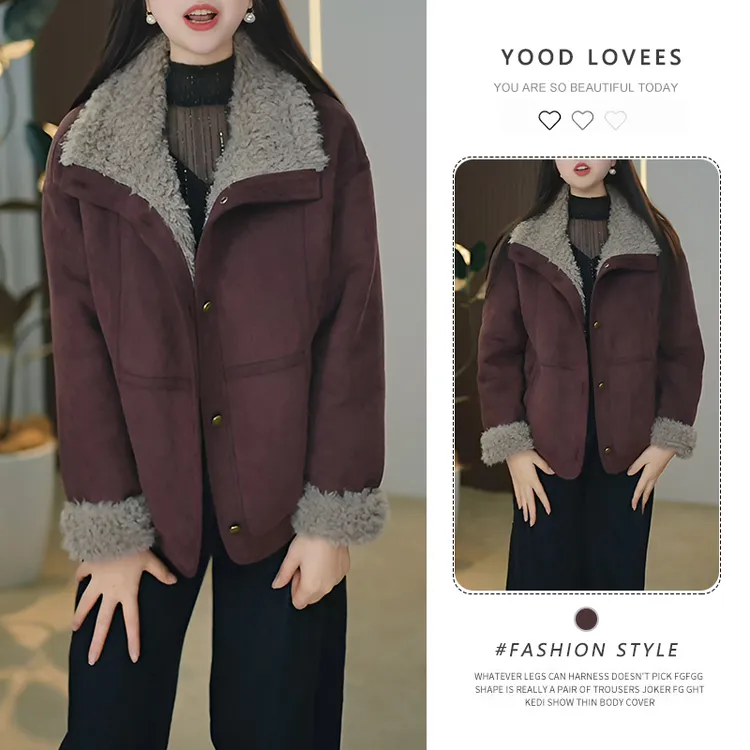 2025冬季新款撞色拼接保暖加绒毛毛外套时尚气质休闲风通勤上衣女