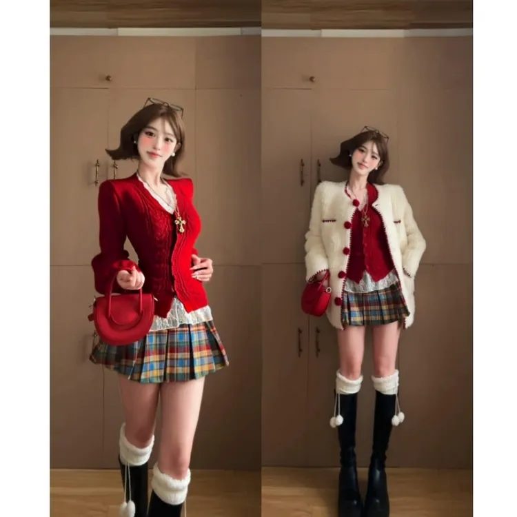 MARIE.COCO秋冬韩系千金风毛绒软糯外套搭红色毛衫格纹半身裙套装