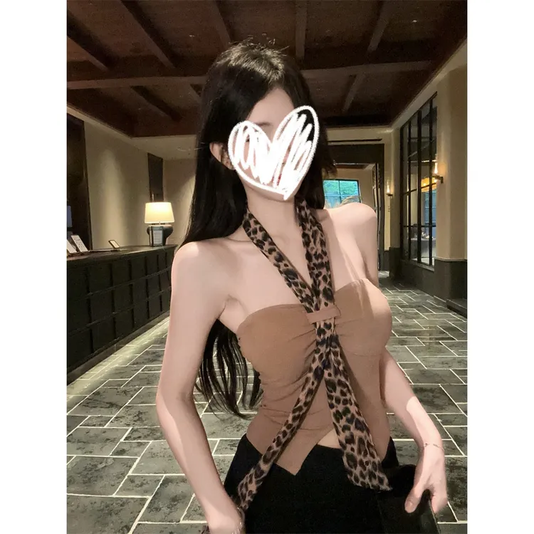 梦优莱纯欲辣妹风豹纹丝巾挂脖吊带背心女夏季独特漂亮抹胸上衣