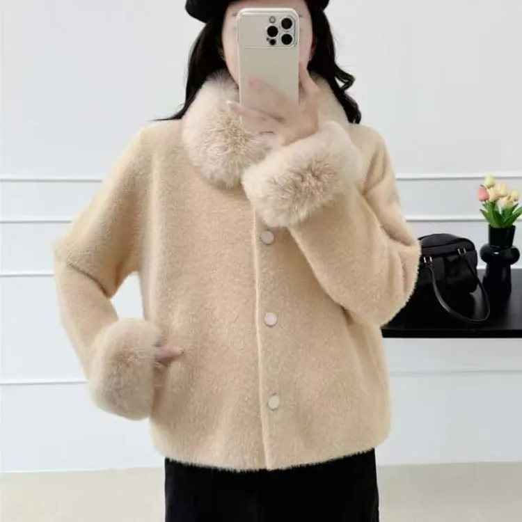 百搭秋冬季常规外套小香风大衣洋气名媛风仿水貂毛外套针织时尚