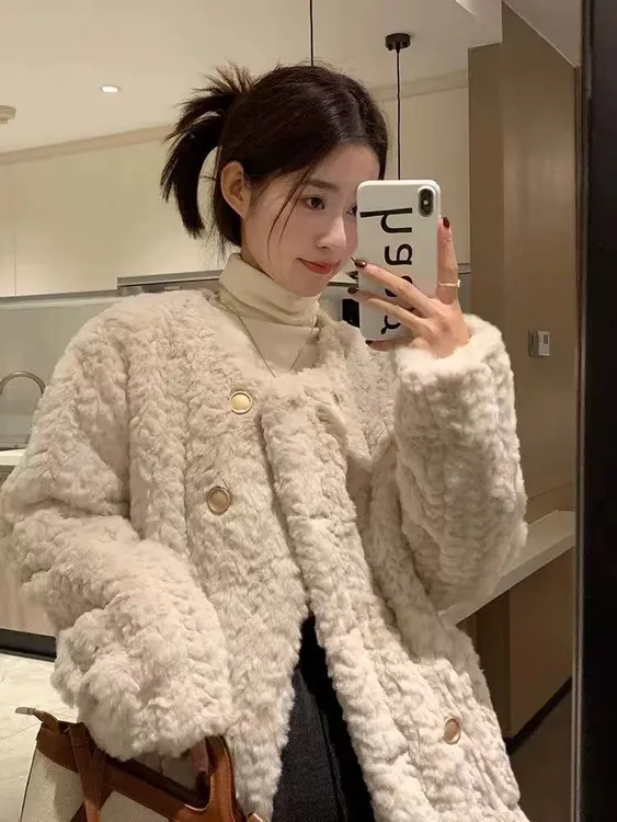 L034小香风羊羔毛外套女秋冬短款加厚毛毛绒气质高级感小个子上衣