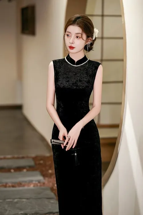 早秋新款黑色国风少女日常无袖修身显瘦气质旗袍复古优雅日常