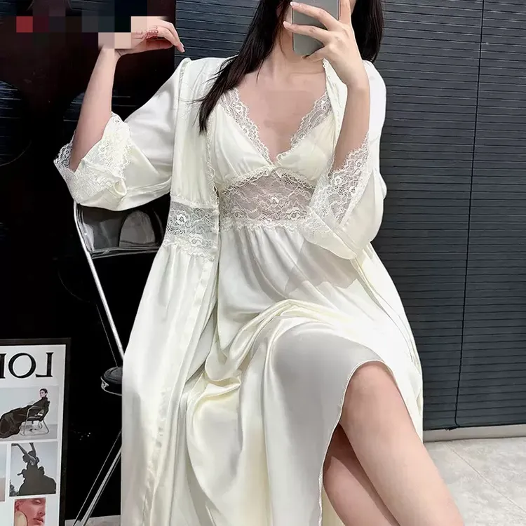 性感冰丝吊带睡裙蕾丝边带胸垫舒适睡衣春夏季长款睡袍