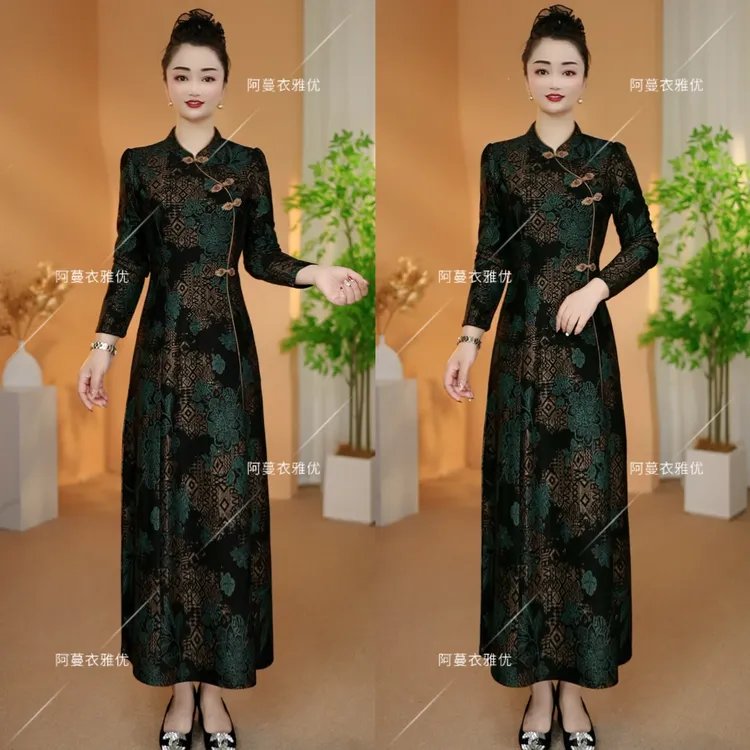 【衣雅严选】8081-2285#罗马锦棉烫金盘扣钉珠新中式旗袍连衣裙