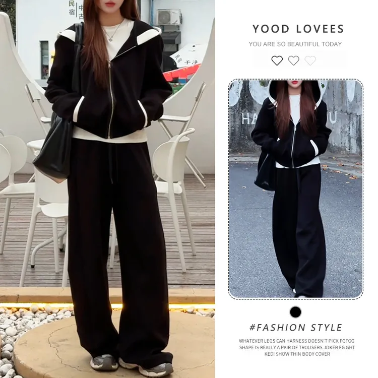 巨好看时尚运动套装女2026春秋新款撞色连帽卫衣外套阔腿裤两件套