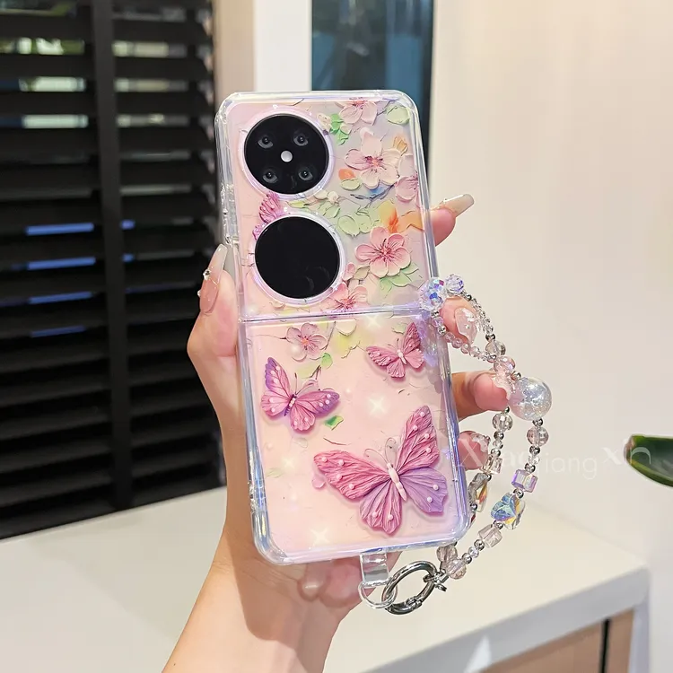 韩系新款适用华为pocket2折叠novaflip高级感油画蝴蝶P50手机壳女