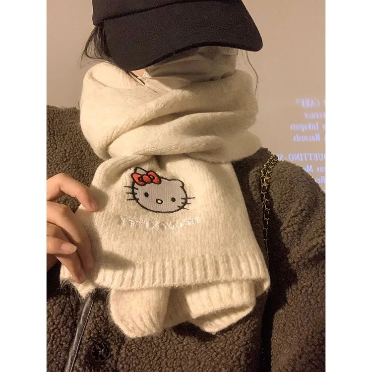yZ可爱的三丽鸥Hellokitty针织羊毛围巾的妇女在冬天加厚和温暖的