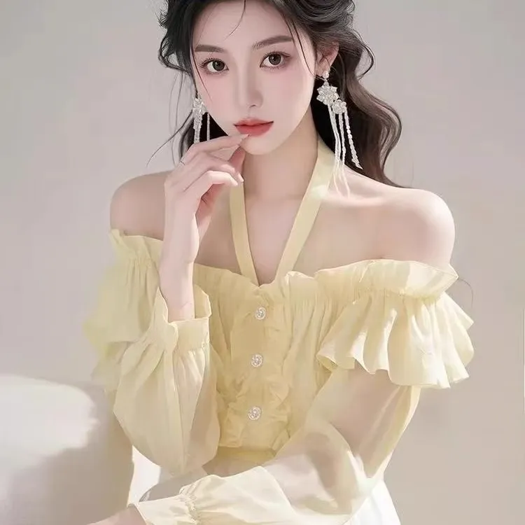 法式高级感挂脖设计感长袖衬衫女早秋荷叶边露肩甜美好看漂亮上衣