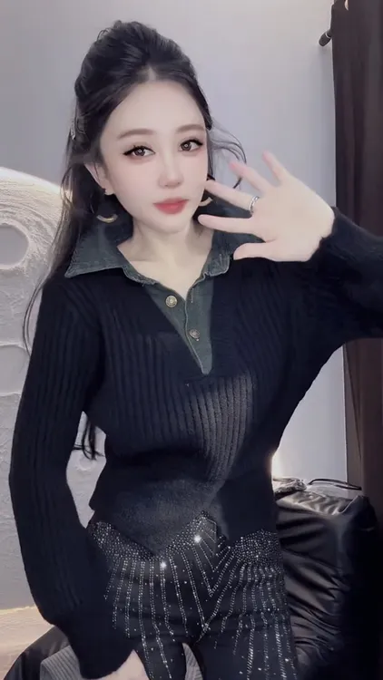 牛仔拼接POLO领针织衫女冬季假两件韩版显瘦开叉套头短款毛衣上衣