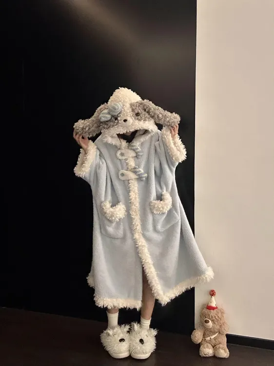 可爱卡通垂耳小狗连帽珊瑚绒睡袍女秋冬季新款大码睡裙家居服外穿