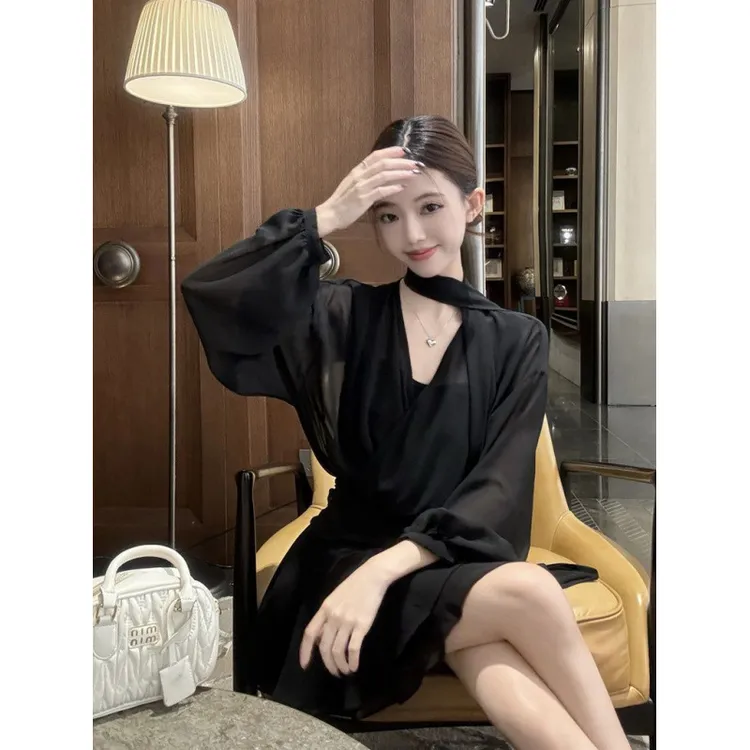 doumppMORJIN大码女装长袖衬衫连衣裙春夏季气质收腰显瘦短款百褶