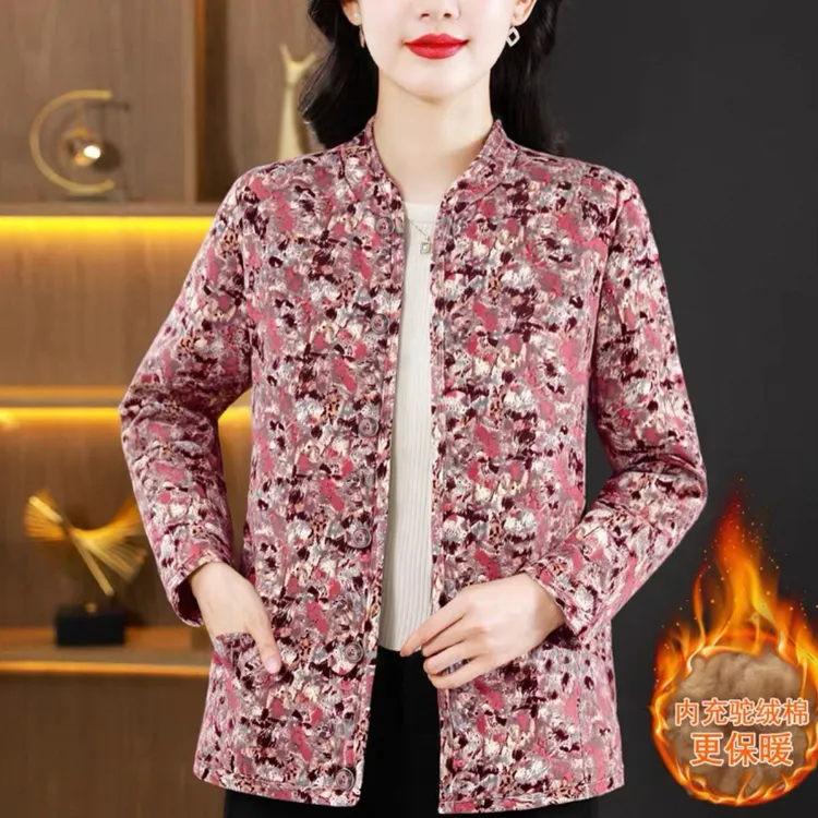 立领中老年女装保暖女驼绒棉袄常规款休闲风朴素风厚款碎花女上衣