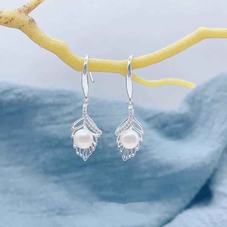 足银耳饰 足银990树叶贝珠耳环