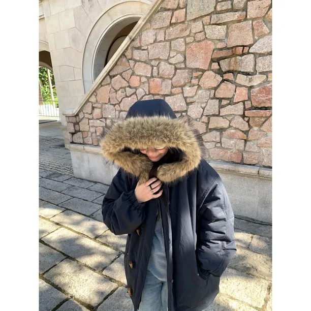 ONNI牛角扣派克服大毛领连帽棉服外套男女同款冬季宽松加厚#3014