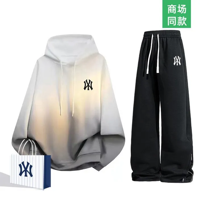 奥特莱斯渐变色卫衣休闲裤套装男女秋冬季新款宽松连帽百搭两件装