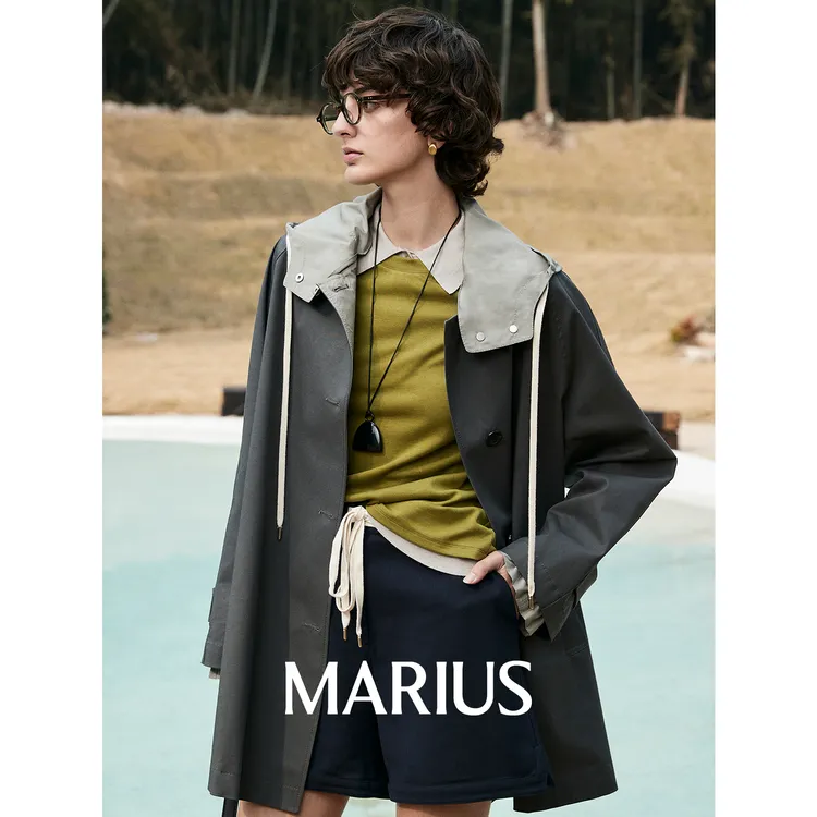 MARIUS"布朗风衣"复古学院风宽松撞色可拆卸帽两面穿一手长风衣