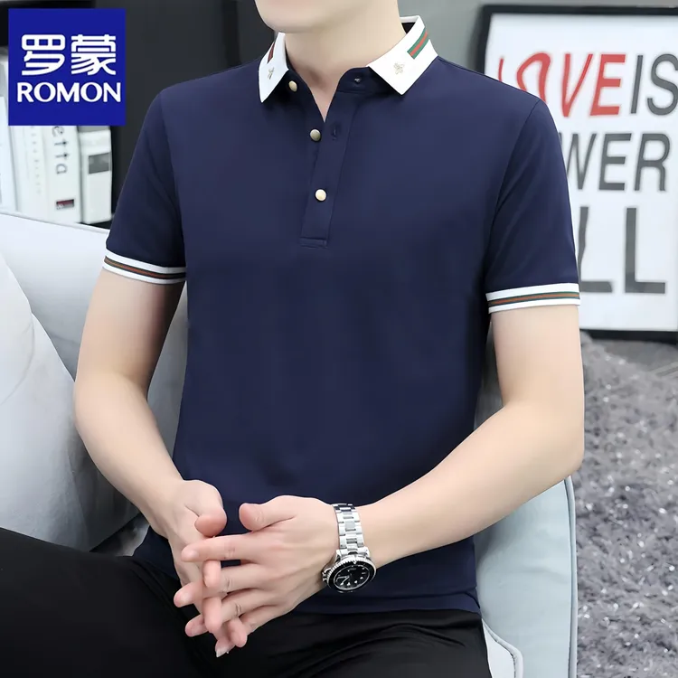 Romon/罗蒙夏季潮牌男士短袖t恤翻领百搭休闲修身有领半袖polo衫