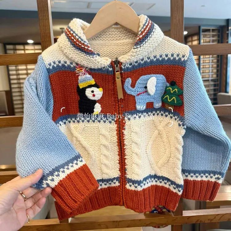 复古美式 手工勾花羊毛混纺 秋冬新款 男女儿童毛衣开衫