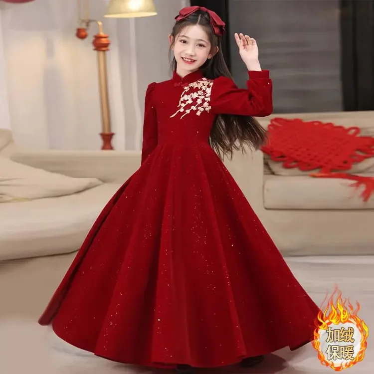 女童连衣裙加绒秋冬季2026新款拜年服女大童公主裙加厚新中式裙子