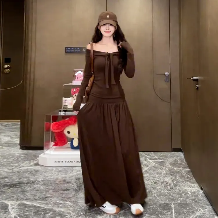 法式长袖一字肩连衣裙子女2025年新款早秋韩系氛围感穿搭套装长裙