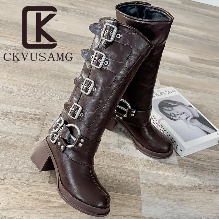 【万达撤柜】CKVUSAMG棕色高跟鞋粗跟巨好看高筒长靴女2025新款春