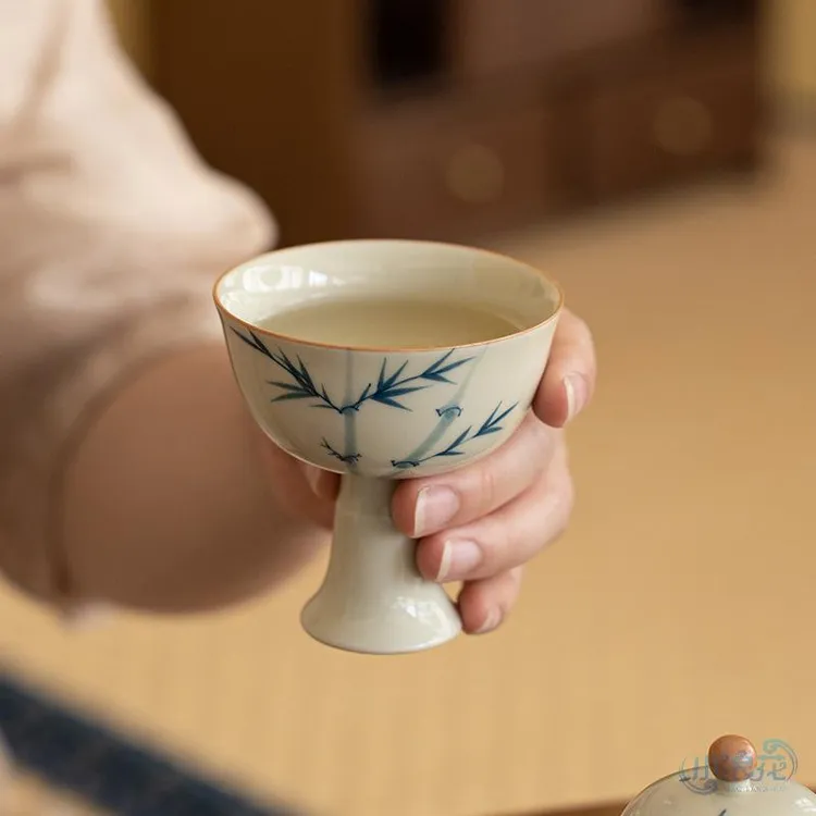 陶瓷酒盅高脚杯新中式家用小茶杯品茗杯喝茶主人杯手绘单杯功OJH