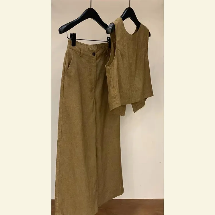 欧货高端松弛感洋气穿搭姜黄色棉麻亚麻马甲休闲裤套装女夏季新款