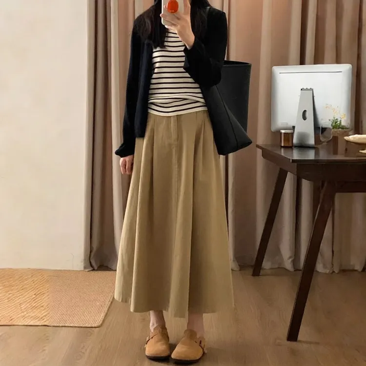 韩版卡其色工装半身裙女秋季新款高腰宽松显瘦休闲百搭a字中长裙