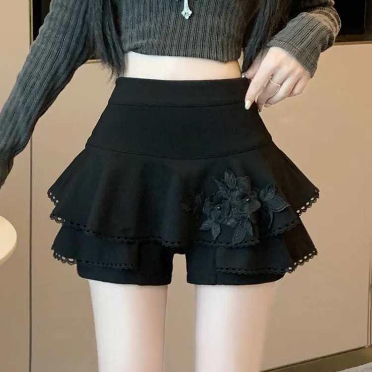 荷叶边拼接短裤裙女2026春秋新款韩版高腰修身显瘦阔腿裤辣妹靴裤