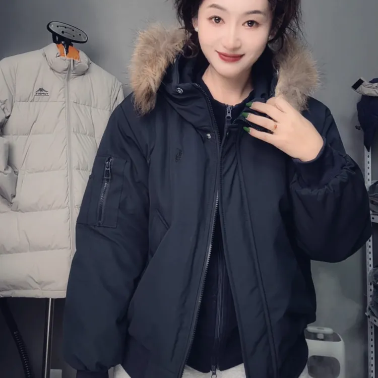 时尚高级感刺绣派克服冬季加绒厚外套男女同款加厚毛领连帽防寒