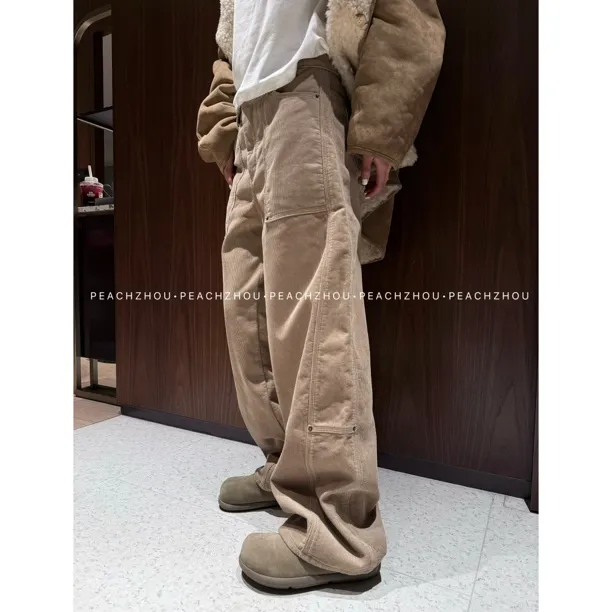 PEACHZHOU 灯芯绒工装撞钉装饰加绒弯刀裤宽松系扣阔腿保暖休闲裤