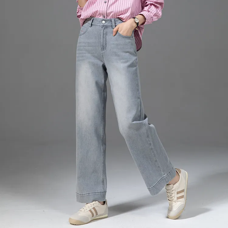 灰色九分直筒牛仔裤女2025春夏新款高腰宽松显瘦裤子小个子阔腿裤