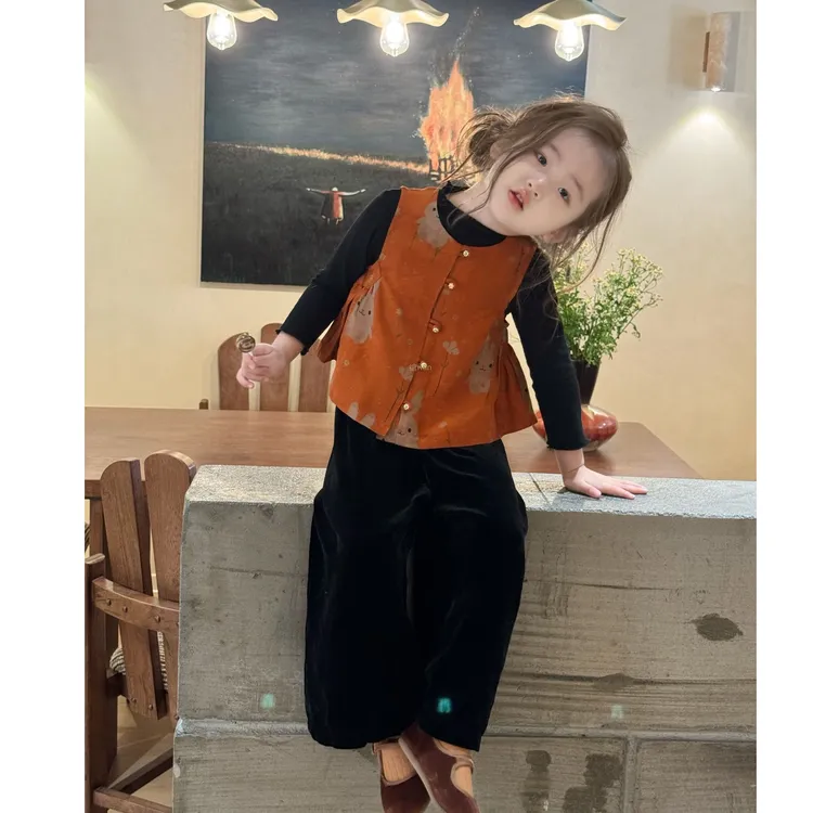 壹妈童装女童国风套装儿童新中式马甲背心黑色打底上衣裤子