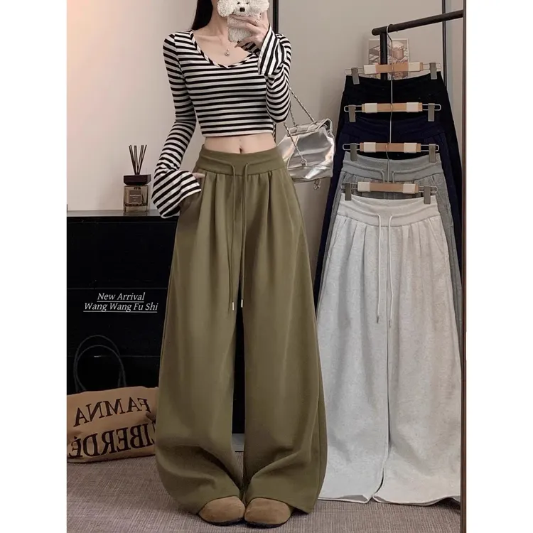 运动风纯色抽绳低腰休闲裤女2025冬季新款宽松显瘦百搭阔腿裤长裤