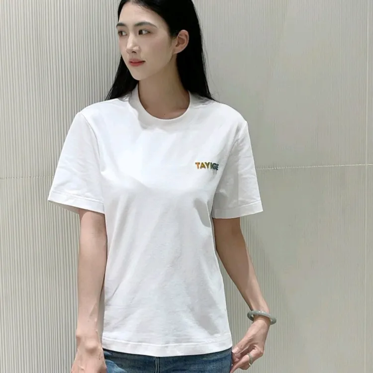 日常印花T恤春夏简约上衣圆领户外短袖夏季居家通用白色半袖时尚
